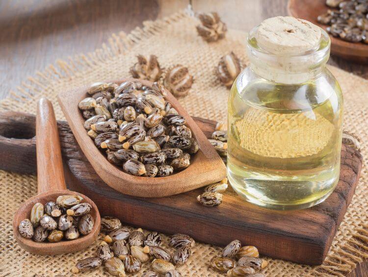 castor beans and glass jar of castor oil for hair