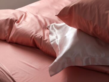 blush pink silk pillows and bedding