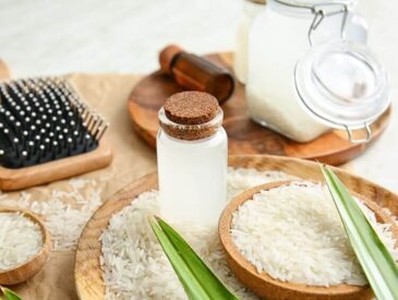 rice water for hair growth with essential oil and hair brush