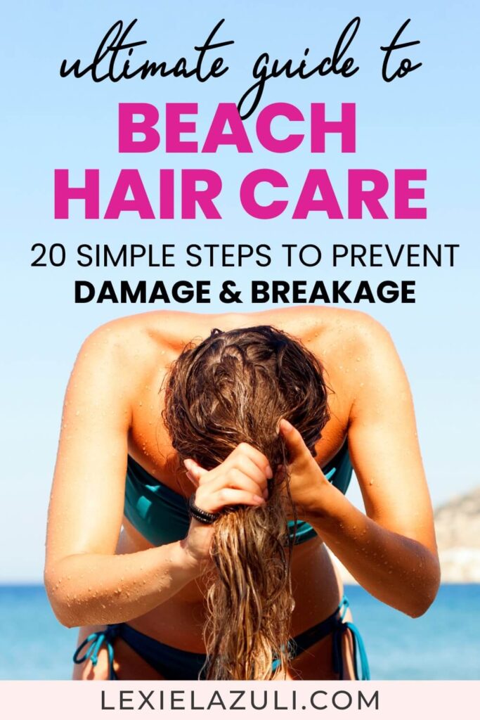 ultimate guide to beach hair care: 20 simple steps to prevent damage & breakage. Woman on beach putting wet hair into ponytail.