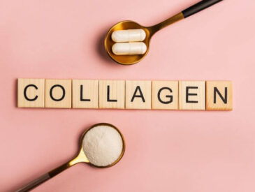 the word "collagen" with two spoons containing collagen supplements