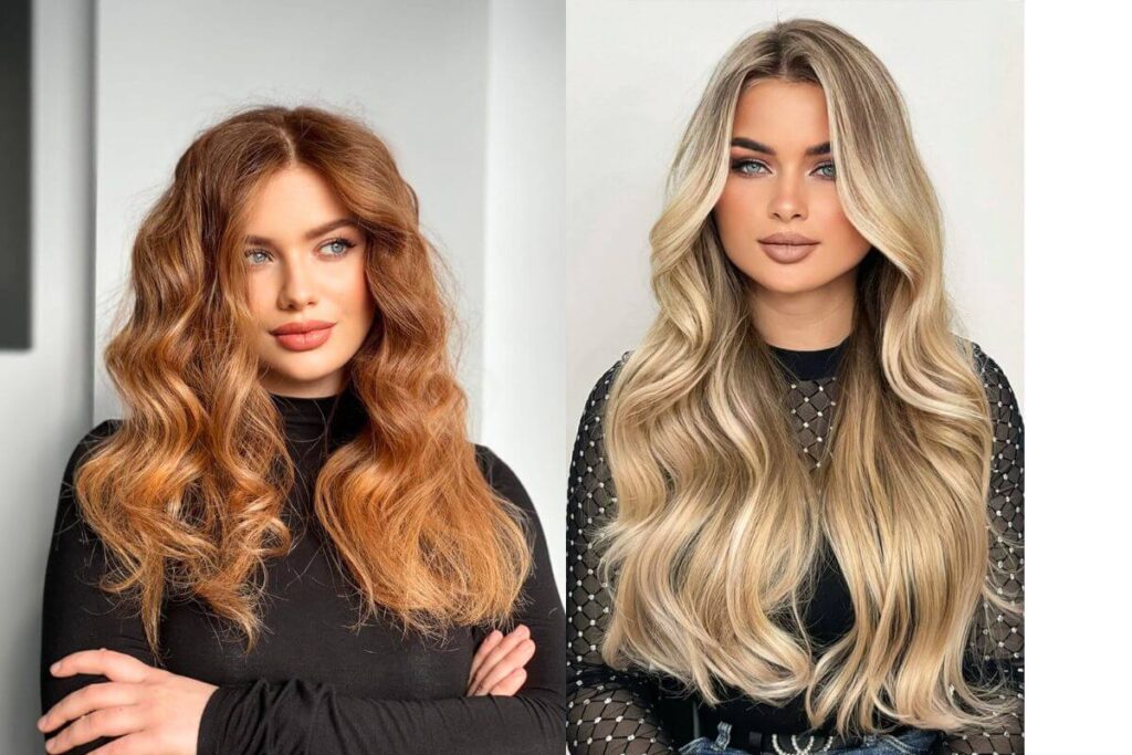 woman with red hair and woman with blonde hair, both with big loose waves hairstyle