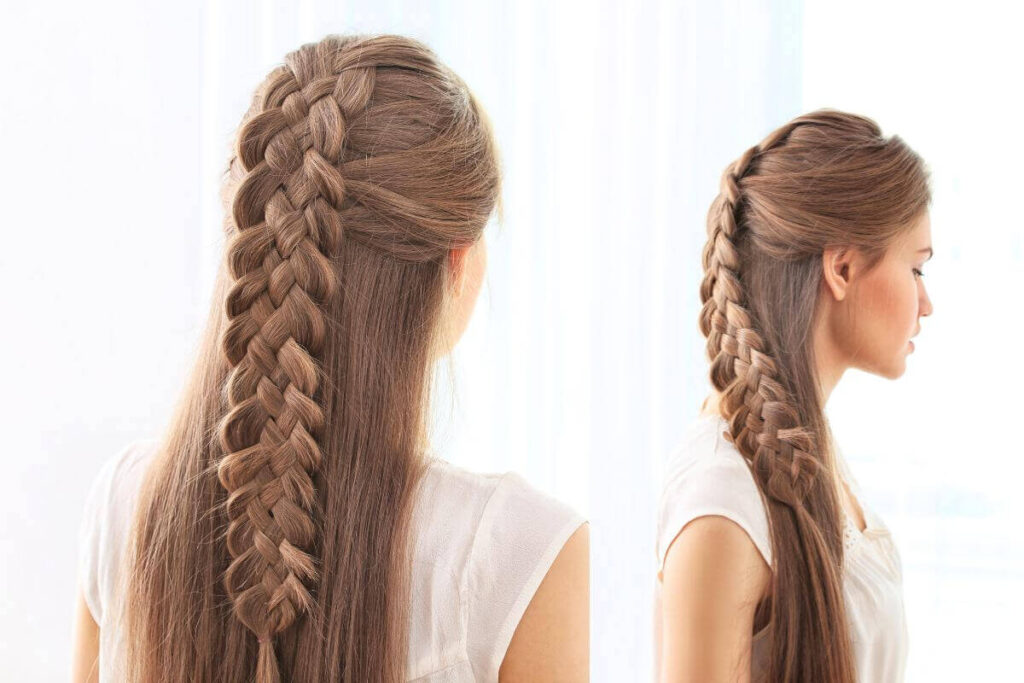 light brown hair in half up hairstyle with 5 strand braid