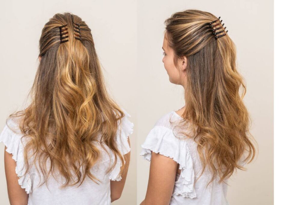 half up hairstyle with claw clip