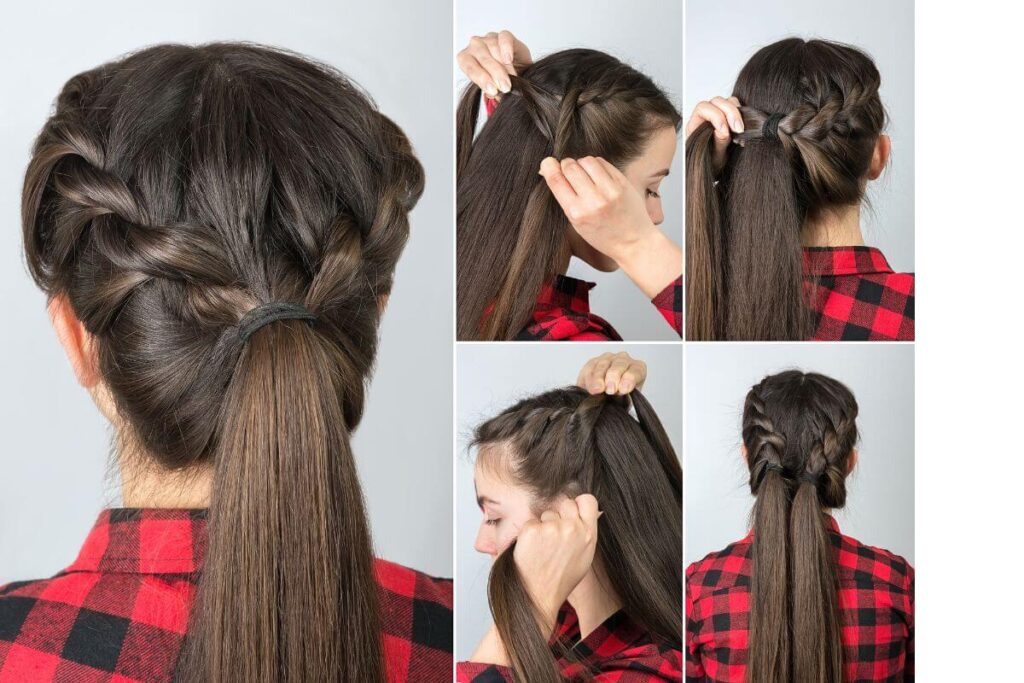 dark brown hairstyle tutorial for french braids with low ponytail