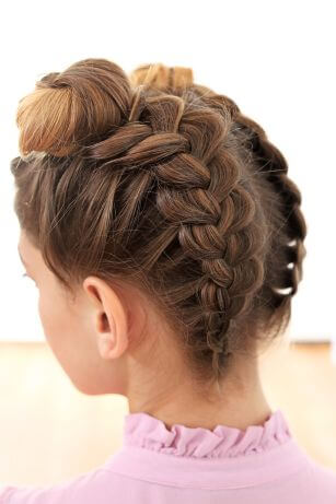 hairstyle with 2 dutch braids on the back of the head and high buns