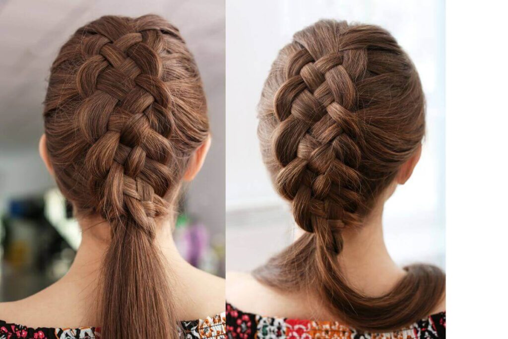 brown hair in 5 strand braid and low ponytail