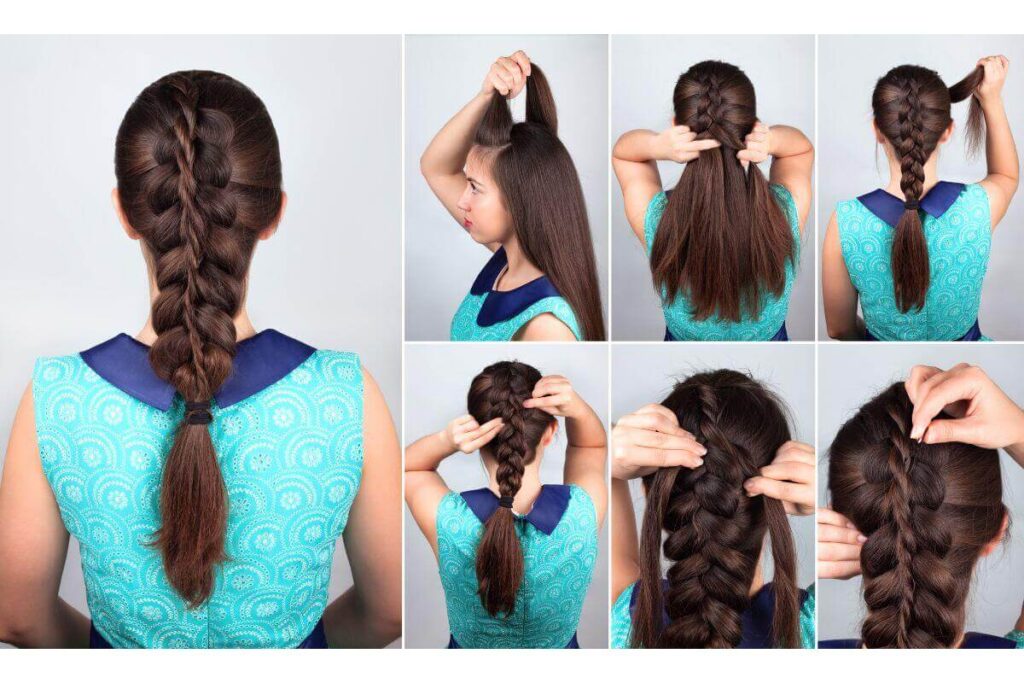 woman with dark brown hair doing tutorial for braided ponytail